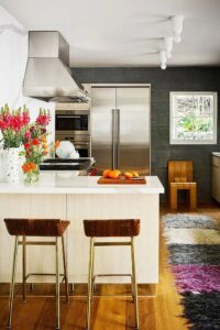 Modern boho kitchen with a colorful runner