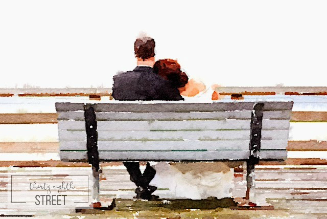 A painting of two persons sitting on a bench