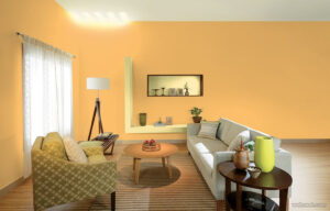 Living room walls painted in bold orange yellowish color
