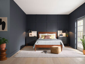 A spacious bedroom painted Cyber Space by Sherwin Williams