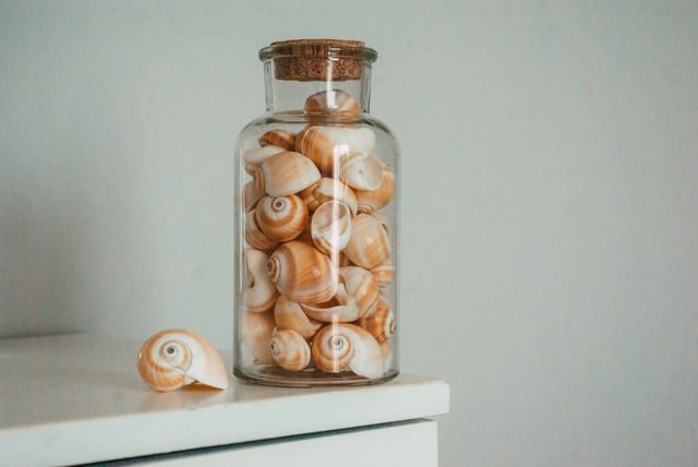 Glass jar filled with shells placed on a table