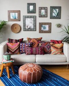 Moroccan-inspired living room with a poof and patterned throw pillows