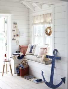 Shoes, baskets, and pillows as nautical summer decor