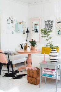 Vibrant living room with peach table