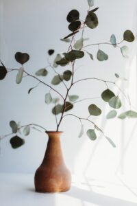 Eucalyptus branch in a mud jar that turns out to be a great budget fall decor item