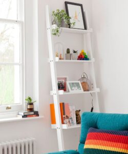Ladder-style shelving for small living room storage