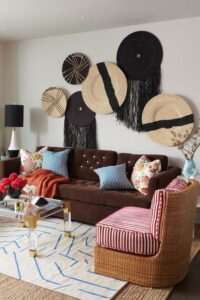 Lake house living room with wicker disks