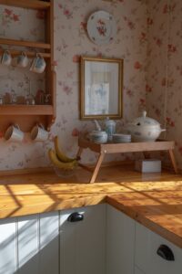 Floral wallpaper in a kitchen that’s giving a Western look