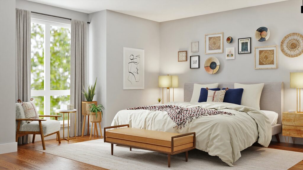 A well-decorated bedroom with art and plates hung over the headboard